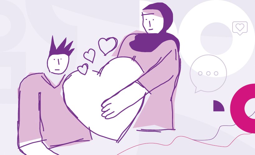 Illustration of a person being handed an oversized heart by another person. 