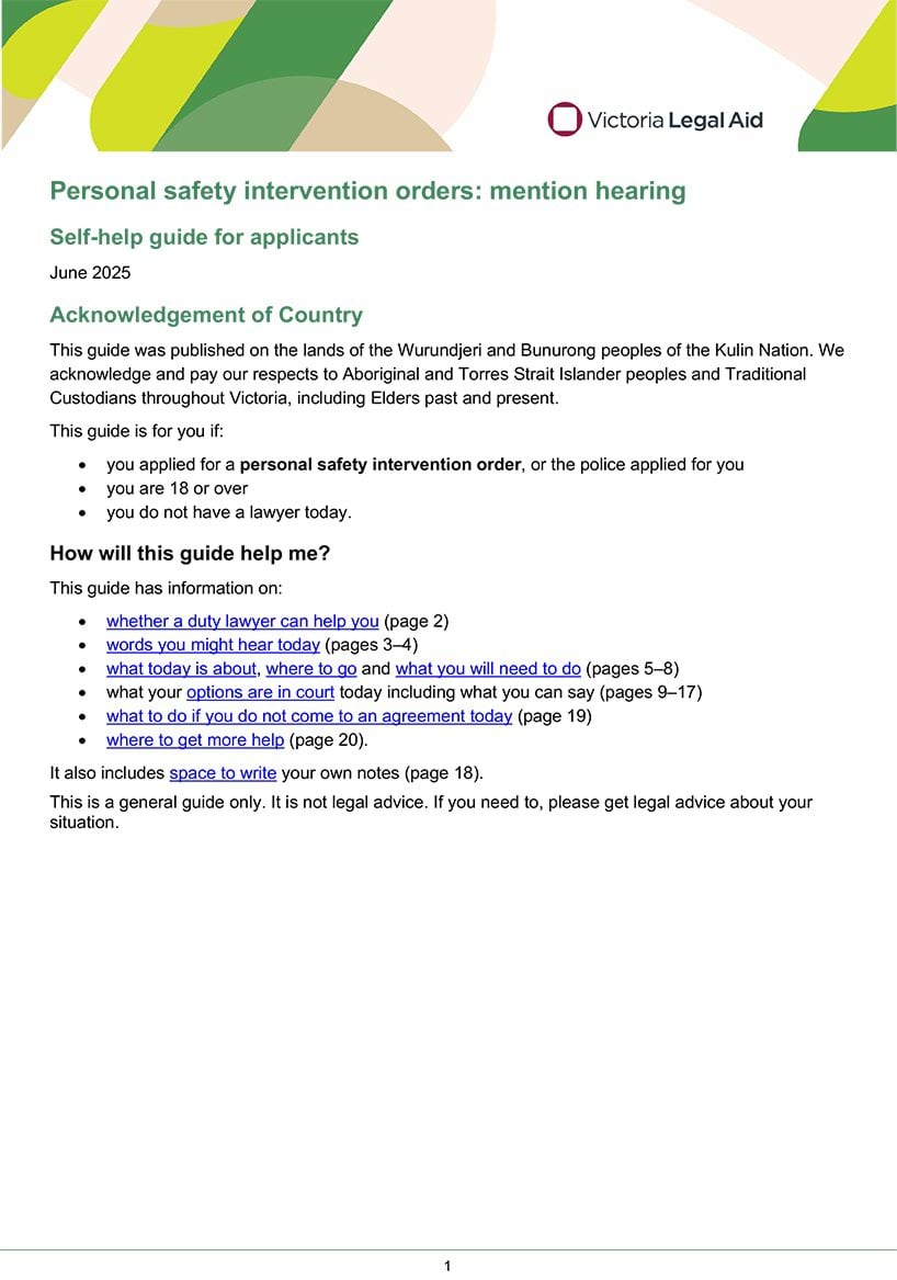 Personal safety intervention order mention hearings self-help guide for applicants Personal safety intervention order mention hearings self-help guide for applicants