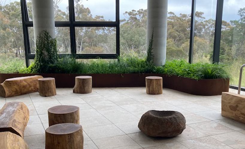 One of the open-air terraces at the Wyndham Law Courts, with floor to ceiling windows and cut logs for seating.